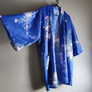 Vintage Japanese Kimono Robe Blue Floral Japan Made Silky 1 Size Artsy Festival